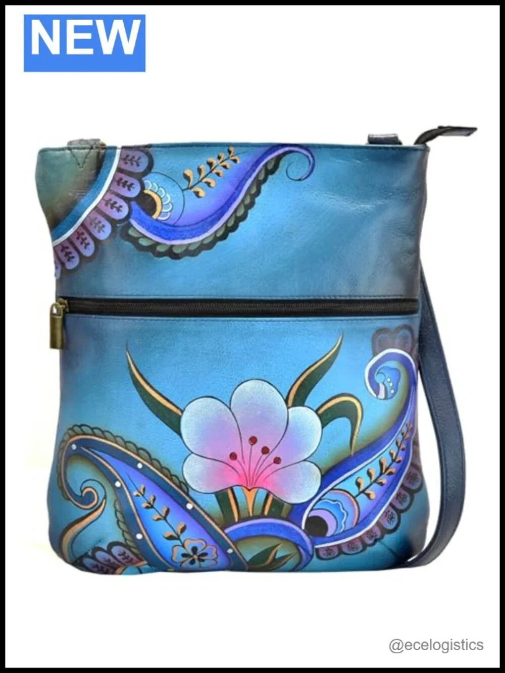 Hand-Painted Genuine Leather Slim Crossbody Bag with Adjustable Strap